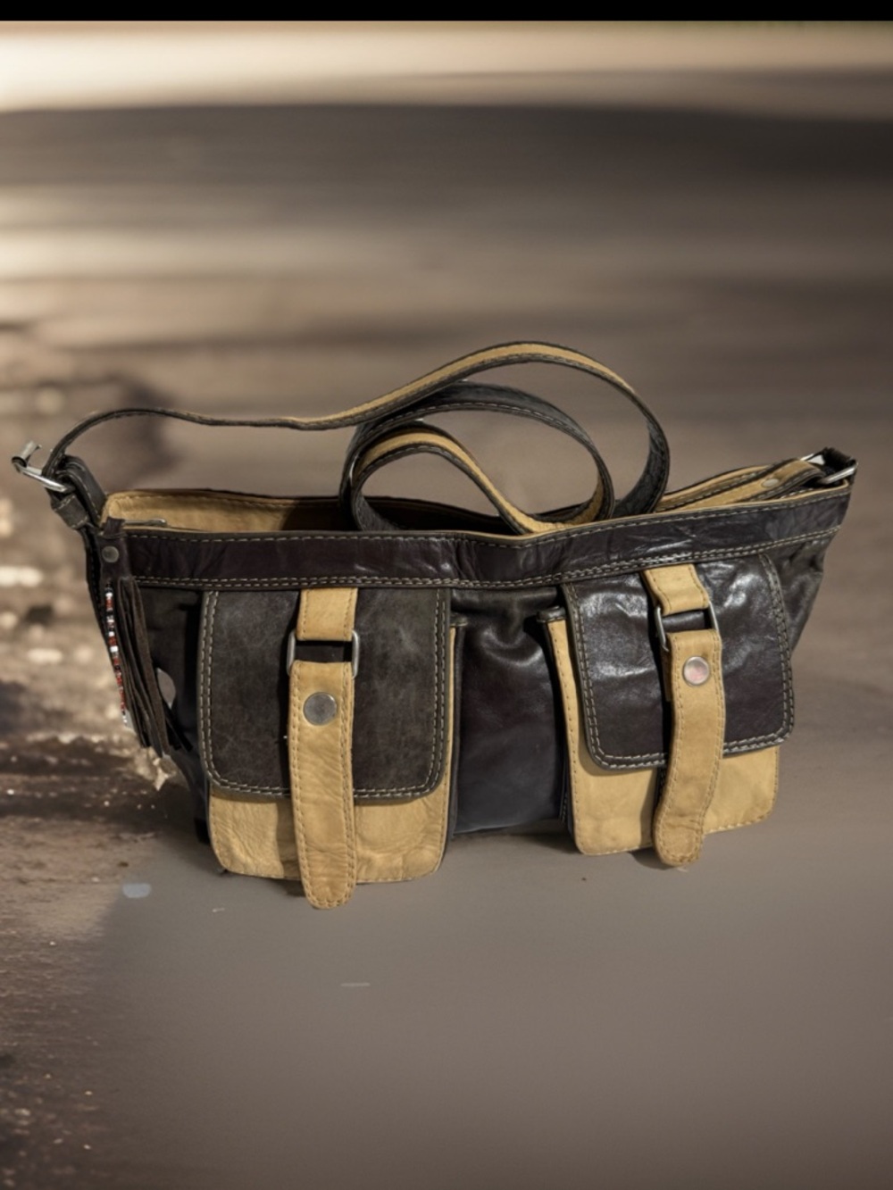 Distressed Leather Colorblock  crossbody Shoulder Bag Vntg Y2k Large lined Rodeo